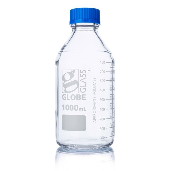 Globe Scientific Bottle, Media, Globe Glass, 1000mL, GL45 Screw Cap, Dual Graduations, 10/Box 8101000